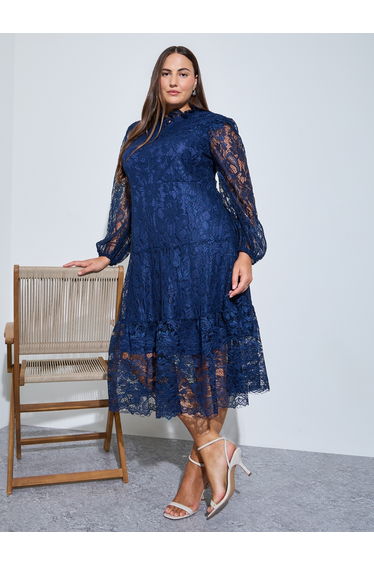 Plus Size Nave Blue Lace Long Sleeves A-Line Midi Dress