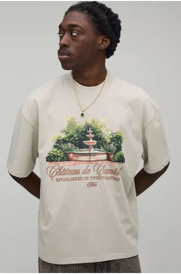 Stone Oversized Boxy Landscape Print Extended Neck T-Shirt - stone