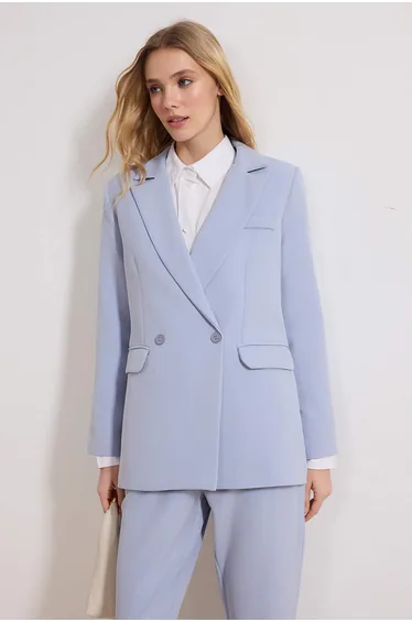 Light Blue Blazer Jacket-Pants Woven Bottom-Top Set
