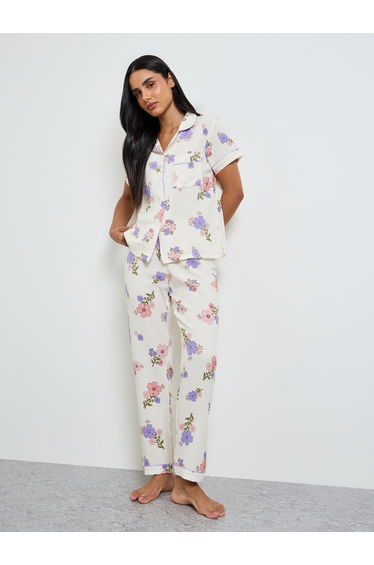 White Floral Print Shirt and Pyjama Set