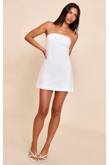 White Linen Look Bandeau Boxy Shift Dress