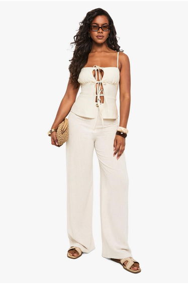 Linen Look Tie Front Cami - stone