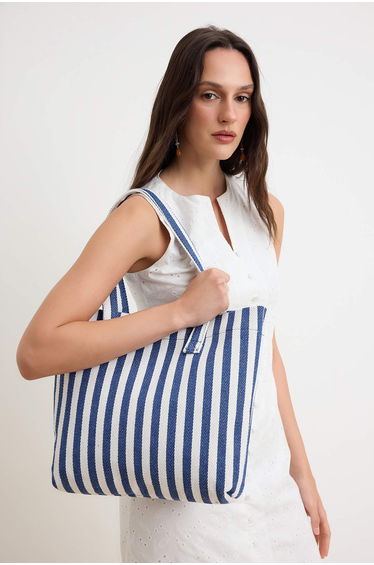 Stripe Detailed Canvas Women's Maxi Shoulder Bag