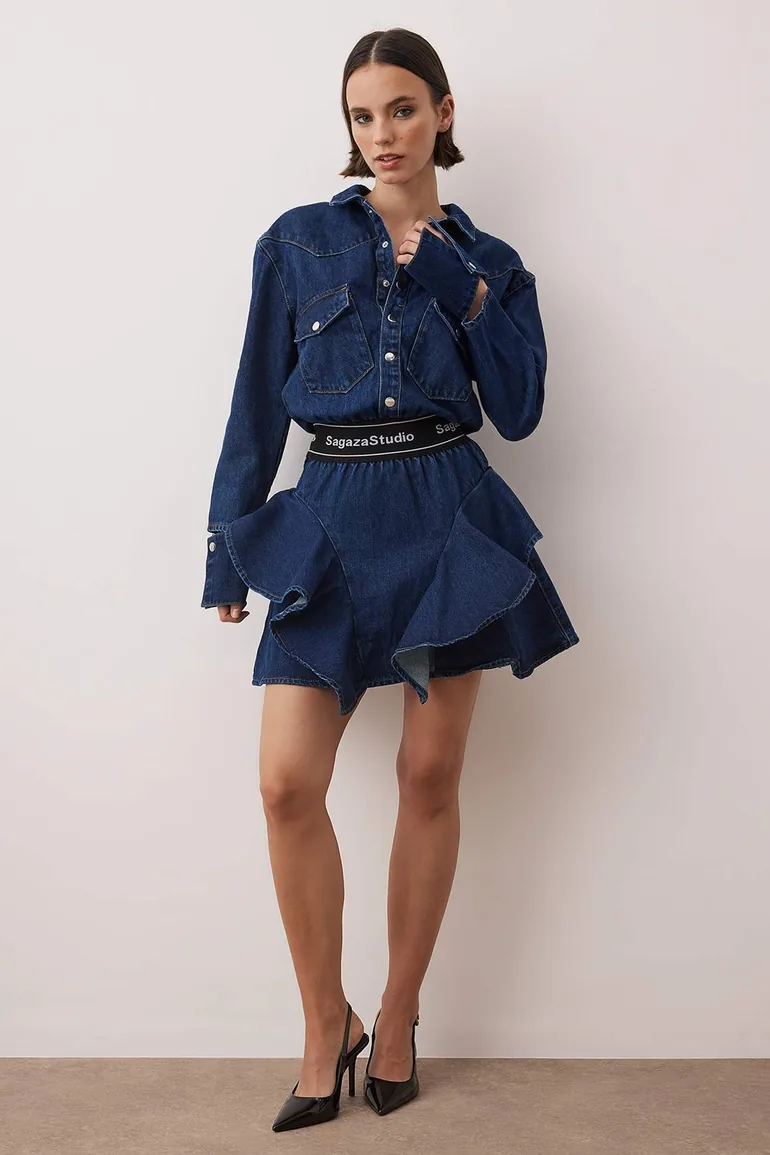 blue jean skater dress ASOS LUXE denim corseted skater mini dress with bow back in mid wash blue