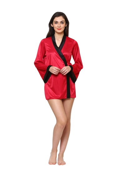 Women Red Satin Long Sleeve Robe