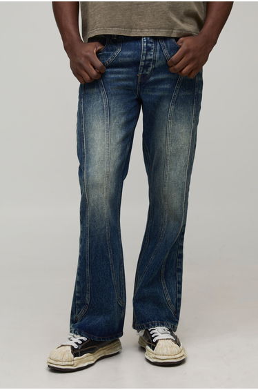 Straight Flared Washed Western Panel Jeans - mid wash