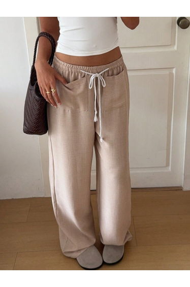 Beige Wide Leg Linen Pants with Drawstring