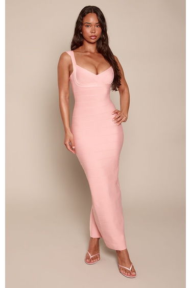 Baby Pink V Neck Strappy Bandage Maxi Dress