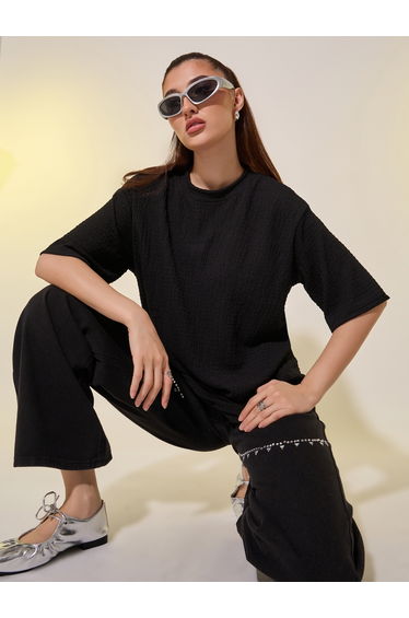Textured Round Neck Oversized T-Shirt