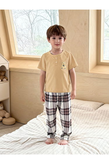 Boys Bear Print T-Shirt and Checked Pyjama Set