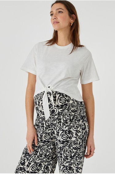 Tie-Front Maternity T-Shirt in Cotton with Crew Neck