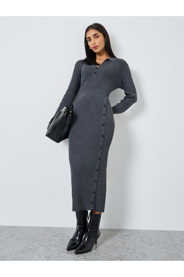 Grey Ribbed Knit Sweater Midi Dress