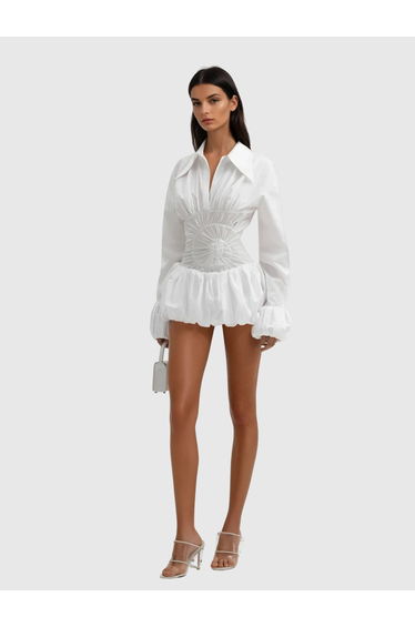 Kazra Folded Collar Ruched Bubble Mini Dress
