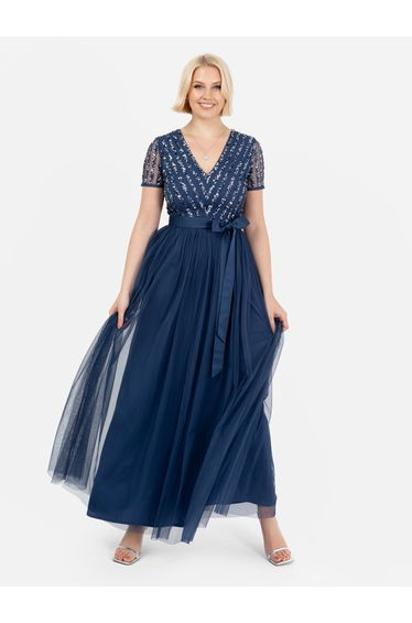Maya French Navy Stripe Embellished Maxi Dress With Sash Belt