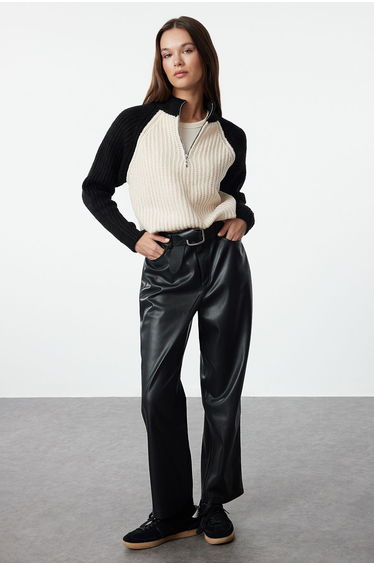 Black Color Block Zippered Knitwear Sweater