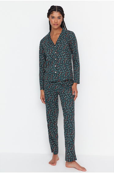 Green 100% Cotton Leopard Patterned Shirt Trousers Knitted Pajama Set