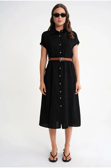 Mixray Midi Dress with Belt Detail and Buttoned Collar