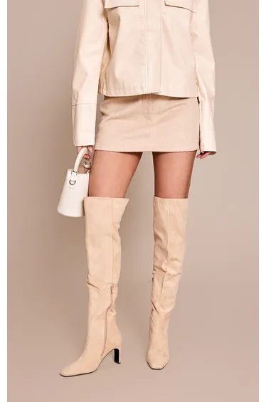 Sand Suede Point Toe Block Heeled Over The Knee High Boot
