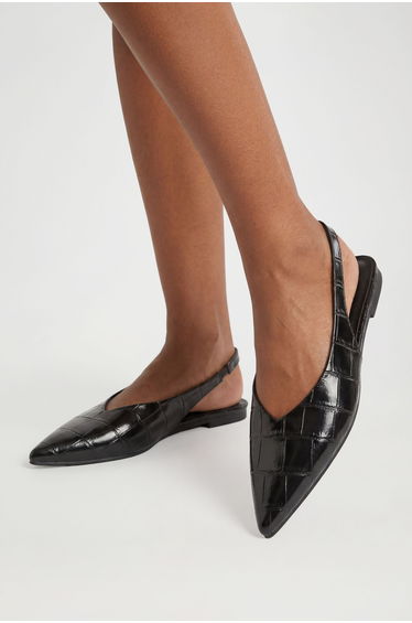 Croc High Cut Slingback Pointed Flats - black