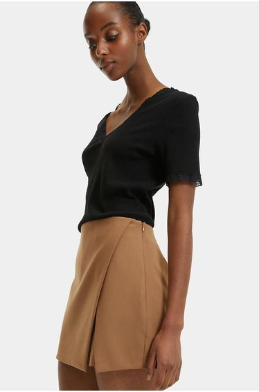 V-Neck T-Shirt with Lace Panels and Short Sleeves