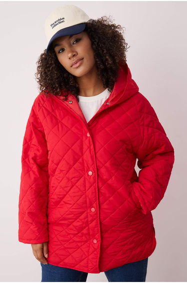 Red Regular Fit Hooded Water Repellent Quilted Plus Size Coat