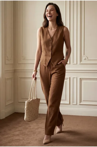 MY FASHION Textured Cotton V-Neck Vest & Pants Two-Piece Set