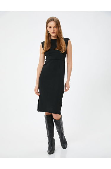 Sleeveless Round Neck Ribbed Slit Pencil Knitwear Dress