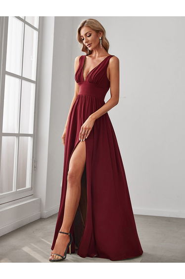 ever SORAYA|Sleeveless V-Neck Empire Waist High Slit Floor-Length Evening Dress