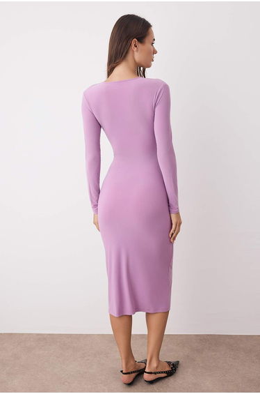 Dusty Rose Plain Gathered Midi Draped V-Neck Fitted/Fits Body Flexible Knit Dress product thumbnail 4