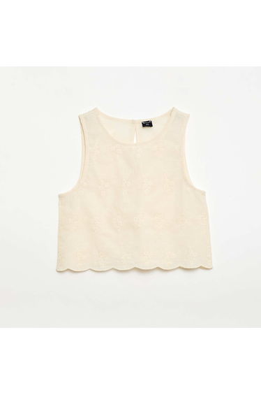 All-Over Embroidered Sleeveless Top Beige