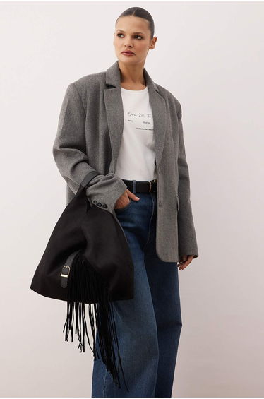 Black Tassel and Buckle Detailed Women's Medium Shoulder Bag