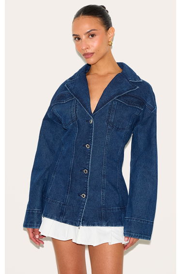 Petite Indigo Denim Fitted Mini Dress With Pleat Details