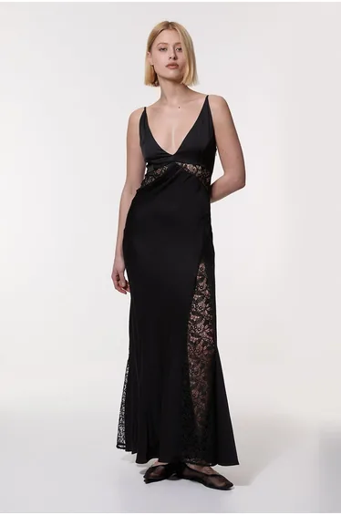 Viscose Satin Woven Maxi Dress With Lace Panelled Detail