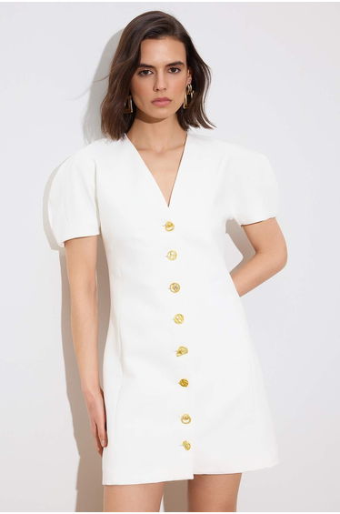 Ecru Button Detailed Short / Mini Woven Dress