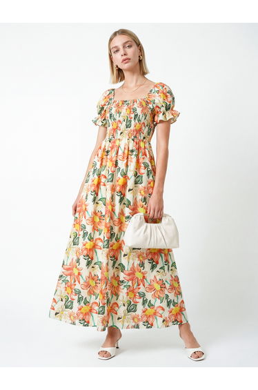 Lovedrobe Floral Print Short Sleeve Shirred Midaxi Dress