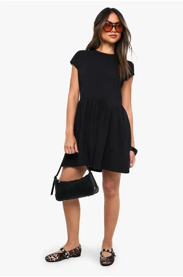 Cotton Curved Hem Smock Dress - black