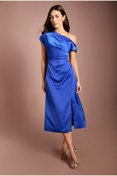 Off Shoulder Satin Side Tie Midi Dress