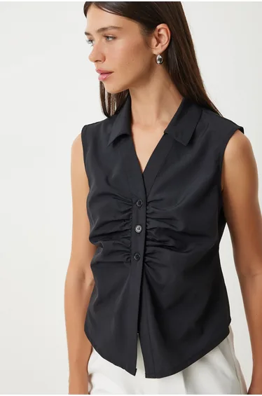 Women's Black Drawstring Detailed Sleeveless Shirt