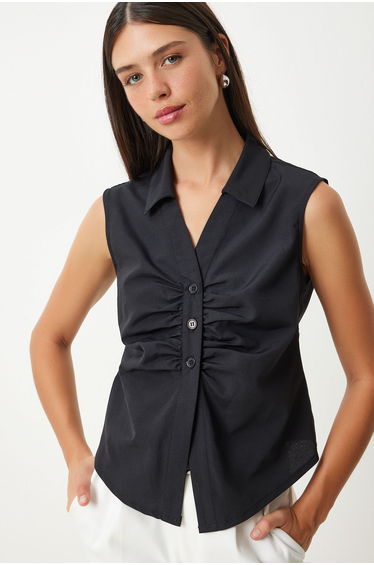 Women's Black Drawstring Detailed Sleeveless Shirt