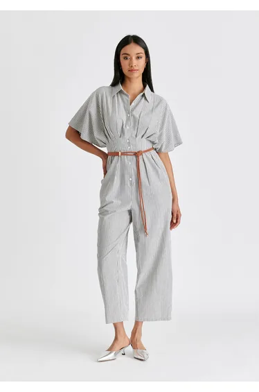 Striped Jumpsuit with Waist Pleats