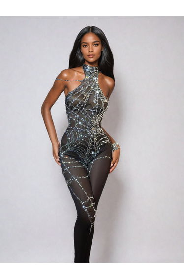 Siesen Cutout Cobweb Rhinestone Mesh Jumpsuit In Black