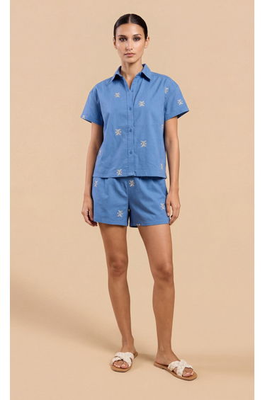 Blue Embroidered Cotton Linen Shorts