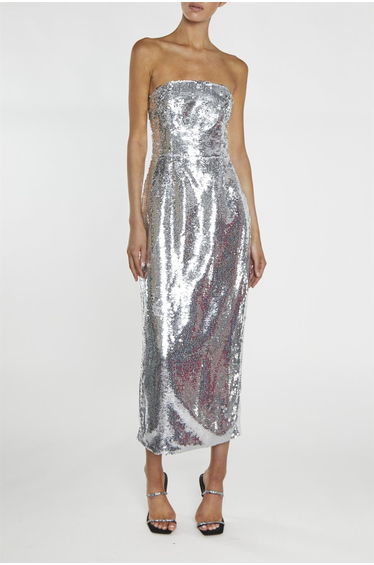 Paris Silver Sequin Bandeau Tailored Midaxi Dress