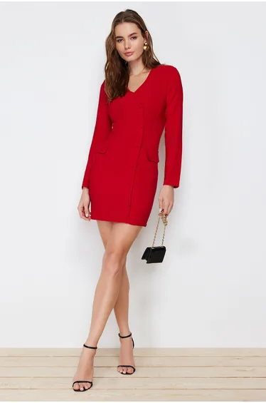 Red Column Mini Blazer Dress with Long Sleeves