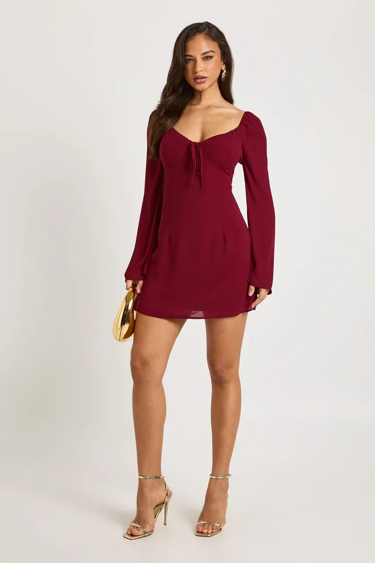 red milkmaid dress Textured Long Sleeve Mini Featuring a square neck Eleanor Milkmaid Midi Dress -