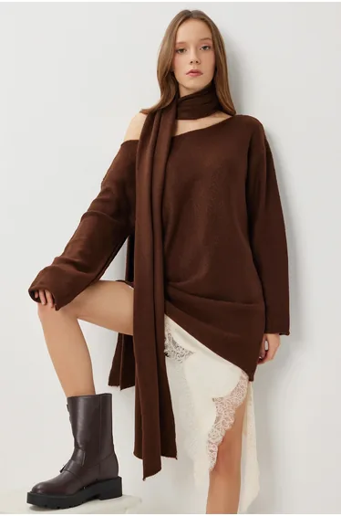 ISTANBUL Oversized Boat Neck Sweater with Scarf