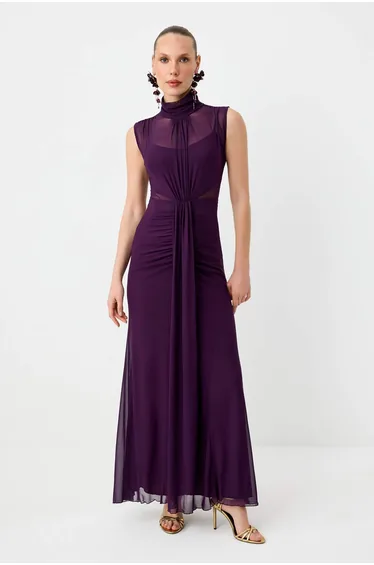 Purple Plain Knitted Tulle Maxi Evening Dress & Graduation Dress