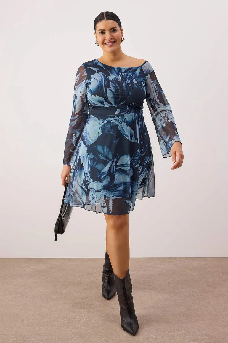 Blue asymmetric neck patterned tulle knitted plus size dress Trendyol Curve  Multicolour : Dresses : VogaCloset Libya