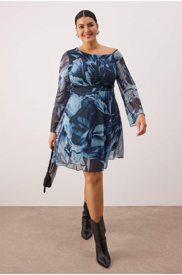 Blue asymmetric neck patterned tulle knitted plus size dress