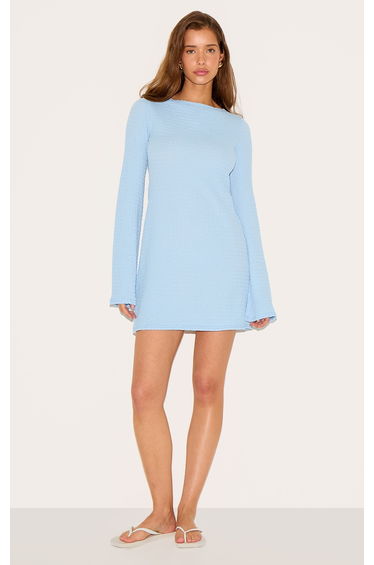 Light Blue Textured Boat Neck Long Sleeve Shift Dress
